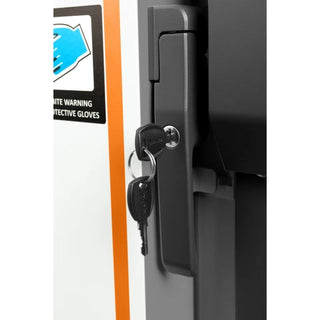 Close-up of a lock mechanism on a KoolMore KM-PHF-4CUL Ultra Low Temp Stackable Medical Freezer with a warning label.