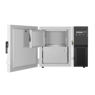 KoolMore KM-PHF-4CUL Ultra Low Temp Stackable Medical Freezer with open door on a white background