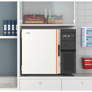 White KoolMore KM-PHF-4CUL Ultra Low Temp Stackable Medical Freezer with digital display in a clinical setting