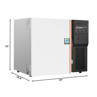 White KoolMore KM-PHF-4CUL Ultra Low Temp Stackable Medical Freezer with dimensions labeled on a white background