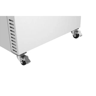 White KoolMore KM-PHR-11C Medical Pharmacy Refrigerator, 11 cu. ft. with wheels on a white background