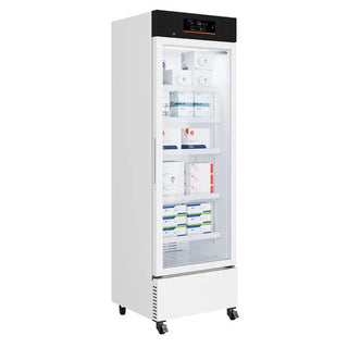 White KoolMore KM-PHR-11C Medical Pharmacy Refrigerator, 11 cu. ft. with glass door displaying medical supplies on a white background