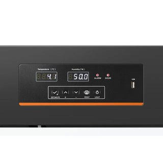 Digital display panel with temperature and humidity readings on KoolMore KM-PHR-11C Medical Pharmacy Refrigerator, 11 cu. ft. on a black background