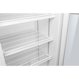 White KoolMore KM-PHR-11C Medical Pharmacy Refrigerator, 11 cu. ft. with glass door and metal shelves on a white background