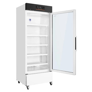 KoolMore KM-PHR-15C Medical Pharmacy Refrigerator, 15 cu. ft. with open door on a white background