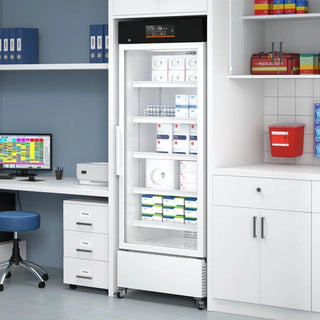 White KoolMore KM-PHR-15C Medical Pharmacy Refrigerator, 15 cu. ft. in a room with shelves and equipment
