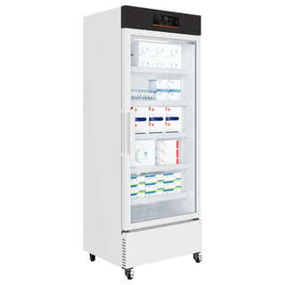 White KoolMore KM-PHR-15C Medical Pharmacy Refrigerator, 15 cu. ft. with glass door displaying medical supplies on a white background