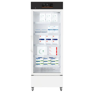 KoolMore KM-PHR-15C Medical Pharmacy Refrigerator, 15 cu. ft. with digital display and glass door on a white background