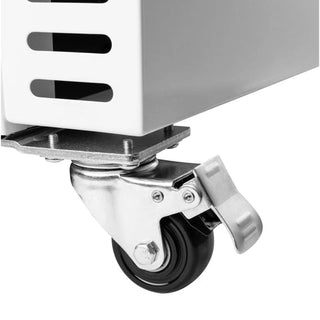 Close-up of a caster wheel attached to a corner of KoolMore KM-PHR-15C Medical Pharmacy Refrigerator, 15 cu. ft. on a white background
