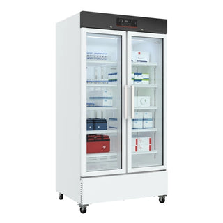 Large white KoolMore KM-PHR-27C Medical Vaccine Refrigerator, 27 cu. ft. with glass doors on a white background