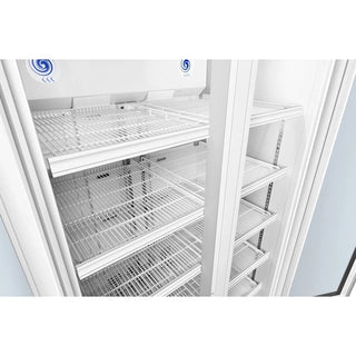 Empty white KoolMore KM-PHR-27C Medical Vaccine Refrigerator, 27 cu. ft. with glass door on a light gray background
