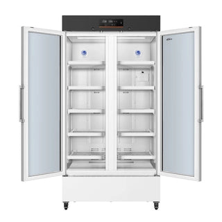 KoolMore KM-PHR-27C Medical Vaccine Refrigerator, 27 cu. ft. with open doors on a white background