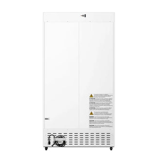 White KoolMore KM-PHR-27C Medical Vaccine Refrigerator, 27 cu. ft. with warning labels on a white background