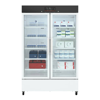 KoolMore KM-PHR-35C Medical Pharmacy Refrigerator, 35 cu. ft. with glass doors displaying various boxes on a white background