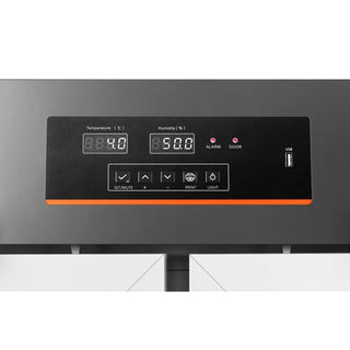 Digital display panel on a KoolMore KM-PHR-35C Medical Pharmacy Refrigerator, 35 cu. ft. with temperature and humidity readings.