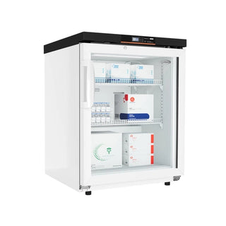 White KoolMore KM-PHR-45C Countertop Medical Pharmacy Refrigerator, 4.5 cu. ft. with glass door displaying medical supplies on a white background