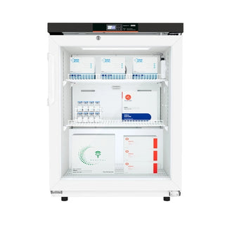 White KoolMore KM-PHR-45C Countertop Medical Pharmacy Refrigerator, 4.5 cu. ft. with shelves containing labeled boxes on a white background