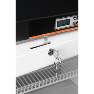 Drawer with digital control panel and key lock in KoolMore KM-PHR-45C Countertop Medical Pharmacy Refrigerator, 4.5 cu. ft. on a white background