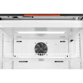 Close-up of a white electronic device with a fan in KoolMore KM-PHR-45C Countertop Medical Pharmacy Refrigerator, 4.5 cu. ft. on a white background