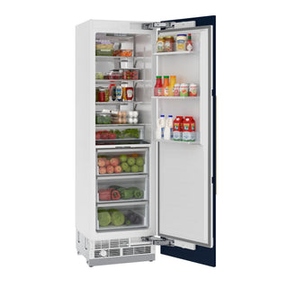 KoolMore KM-PRC-R24 Panel Ready Refrigerator Column with open door displaying various food items on a white background