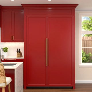 Red kitchen cabinet with gold handles and red KoolMore KM-PRC-R30 Panel Ready Refrigerator Column in a modern kitchen setting