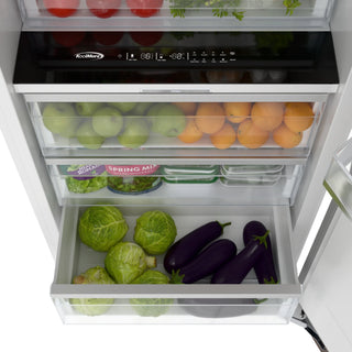 Open KoolMore KM-PRC-R30 Panel Ready Refrigerator Column displaying fresh produce including fruits and vegetables.