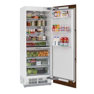 Open KoolMore KM-PRC-R30 Panel Ready Refrigerator Column with various food items on a white background