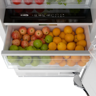Open KoolMore KM-PRC-R30 Panel Ready Refrigerator Column with various food items on a white background