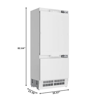 White KoolMore KM-RER36-SWPR Panel Ready Refrigerator/Freezer with Ice Maker with dimensions labeled on a white background
