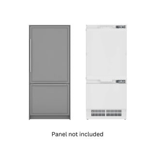 Two KoolMore KM-RER36-SWPR Panel Ready Refrigerator/Freezer with Ice Maker doors, one gray and one white with a brand logo, on a white background.