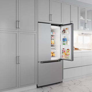 KoolMore KM-RERFDSS-18C Stainless-Steel French Door Refrigerator with open door in a kitchen setting