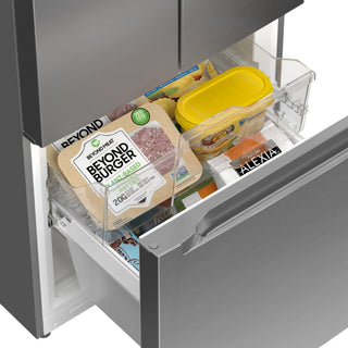 Open KoolMore KM-RERFDSS-18C Stainless-Steel French Door Refrigerator drawer with 'Beyond Burger' package and other food items.