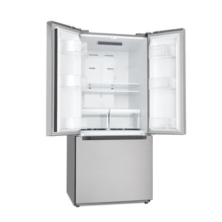 Stainless steel KoolMore KM-RERFDSS-18C Stainless-Steel French Door Refrigerator with open doors on a white background