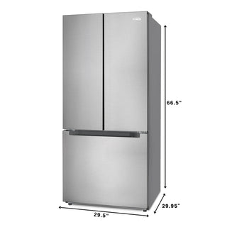 Stainless steel KoolMore KM-RERFDSS-18C Stainless-Steel French Door Refrigerator with dimensions labeled on a white background