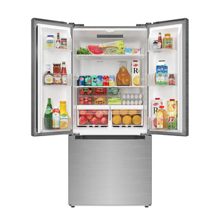 Open KoolMore KM-RERFDSS-18C Stainless-Steel French Door Refrigerator with various food items and drinks on a white background