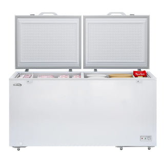 White KoolMore KM-SCF-30C Commercial Chest Freezer with open doors on a white background