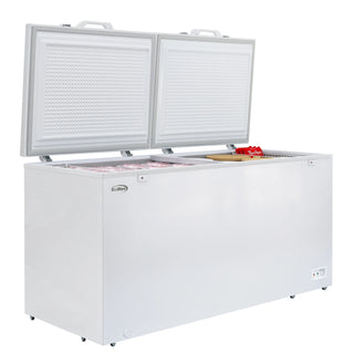 White KoolMore KM-SCF-30C Commercial Chest Freezer with open door on a white background