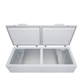 White KoolMore KM-SCF-30C Commercial Chest Freezer with open lid on a white background