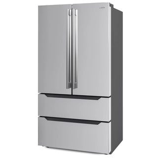 Stainless steel KoolMore RERFDSS-22C French Door Refrigerator, Deep Freezer with double doors and bottom drawers on a white background