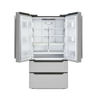 Stainless steel KoolMore RERFDSS-22C French Door Refrigerator, Deep Freezer with open doors on a white background