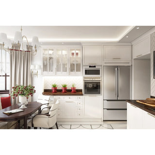 Modern kitchen with KoolMore RERFDSS-22C French Door Refrigerator, Deep Freezer and white cabinetry