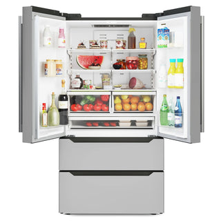Open KoolMore RERFDSS-22C French Door Refrigerator, Deep Freezer with various food items and drinks on a white background