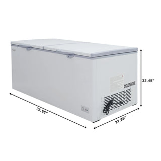 White KoolMore SCF-20C Commercial Chest Freezer with dimensions labeled on a white background