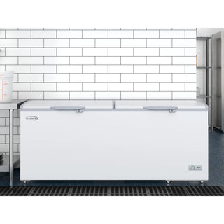 White KoolMore SCF-20C Commercial Chest Freezer in a kitchen setting with white tiled walls.