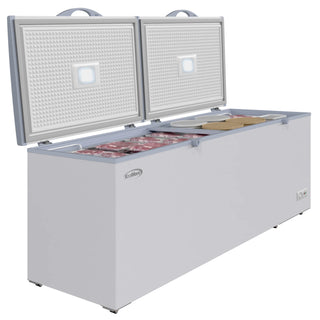 White KoolMore SCF-24C Commercial Chest Freezer with open doors showing food items on a white background