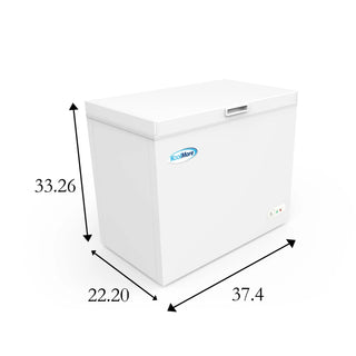 White KoolMore SCF-7C Commercial Chest Freezer with dimensions labeled on a white background