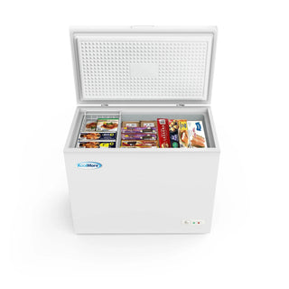 White KoolMore SCF-7C Commercial Chest Freezer with open door showing food items on a white background