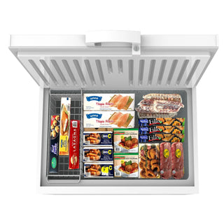 KoolMore SCF-9C Commercial Chest Freezer with various food packages on a white background