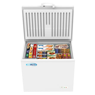 White KoolMore SCF-9C Commercial Chest Freezer with food items inside on a white background