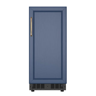 Blue KoolMore KM-BIR15-PR Built-In Panel Ready Undercounter Beverage Refrigerator with a gold handle on a white background